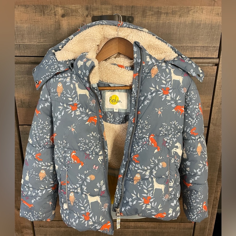 Mini Boden Blue Enchanted Woods Coat, Size 9/10 Years